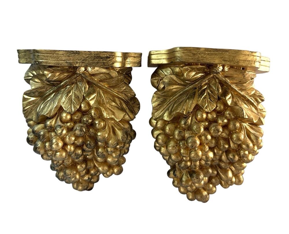 Vintage Gold Grape Cluster Wall Shelves Sconces Pair Hollywood Regency 7”
